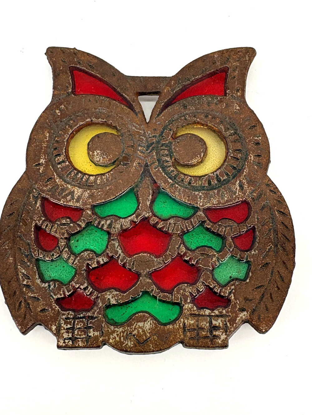 Vintage Stained Glass Trivet Retro Cast Iron 6” Owl Red/Green/Yellow - Taiwan